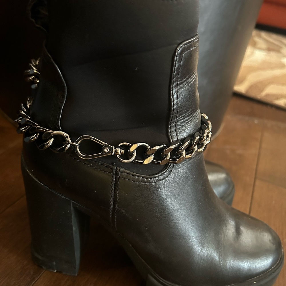 Black Leather Boots with Chain Detail